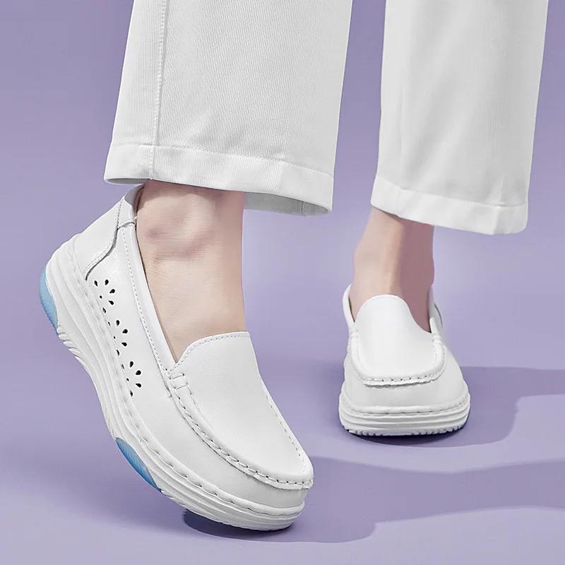 Women White Nursing Shoes Spring Autumn Ladies Wedges Platform Loafers Female Hollow Out Work Slip On Leather Breathe Shoes