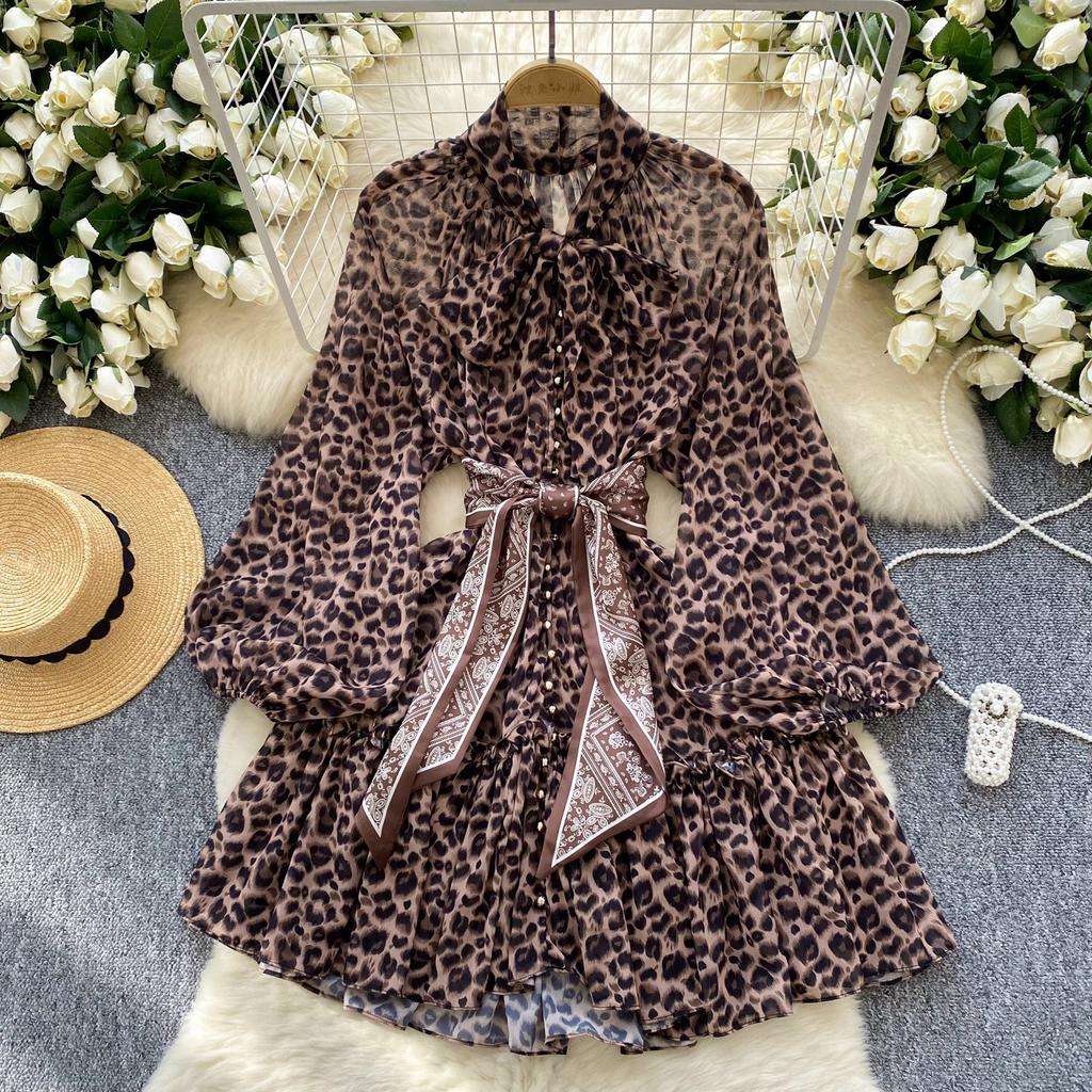 Women's Dress Funky Scarf Tie Waisted Lantern Sleeve Leopard Mesh A-Line Short Dresses