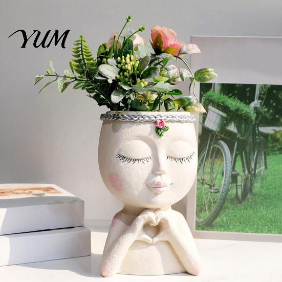 Unique Home Office Ornaments Face Planter Pot, Cute Resin Head Vase for Succulents Flowers, Decorative Flower Pots Indoor Bedroom Desk Shelf