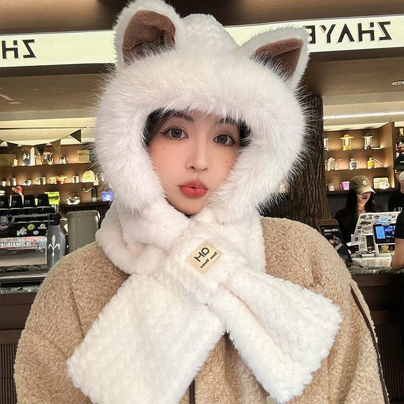 Thickened hairy hat women's winter ears plush hat scarf integrated cute little fox cold warm hat