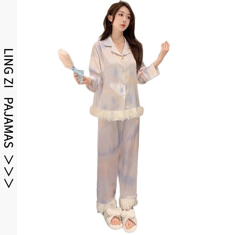 1011 new summer ice silk pajamas women's long-sleeved trousers French fairy style thin breathable loungewear can be worn outside