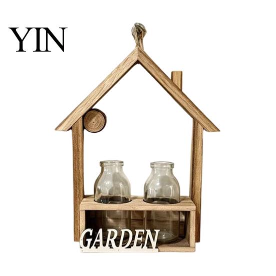 Small Green Plant Pot Wooden Wall Propagation Planter, Mounted Planter with Clear Glass Tubes for Vertical Display Hydroponic Plants, Shelf