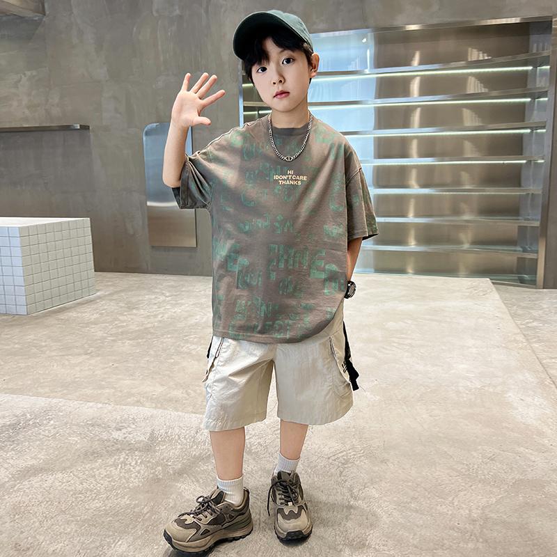 Boys' short sleeved T-shirt, summer new style, mid size and stylish, boys' T-shirt, children's pure cotton top, trendy brand T