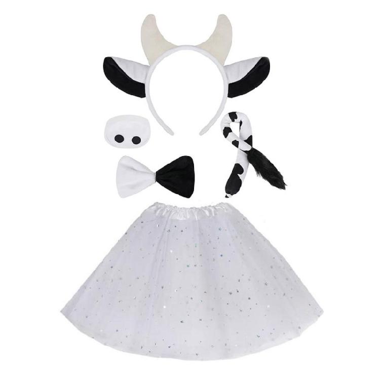 Cow Animal Costume Include Headband Tail Bowtie Nose Skirt Halloween Animal Role Play Outfit Accessory for Kid Adult
