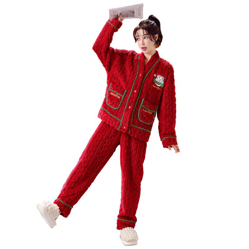 Autumn Winter Christmas V Neck Flannel Pajamas Thickened Women's Home Set