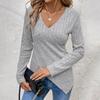 Осенняя однотонная женская блузка с V-образным вырезом и длинными рукавами в полоску с эффектом потертости и V-образным вырезом