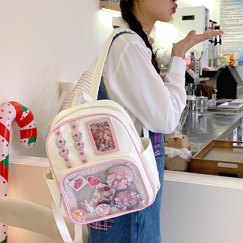 Urban Minimalist Womens Backpack With Transparent Compartment Display Badge For Daily Use