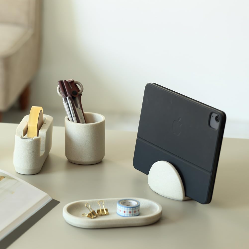 ideaco Pen Stand/Brush Stand, Round, 8.3cm Diameter x 9cm Height, Stone Sand White