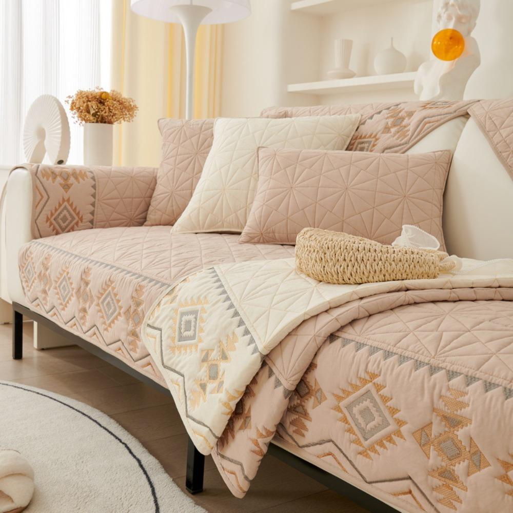 Embroidered Sofa Protector Slip Resistant Cushion Cover Full Coverage Simple Style All Season Use