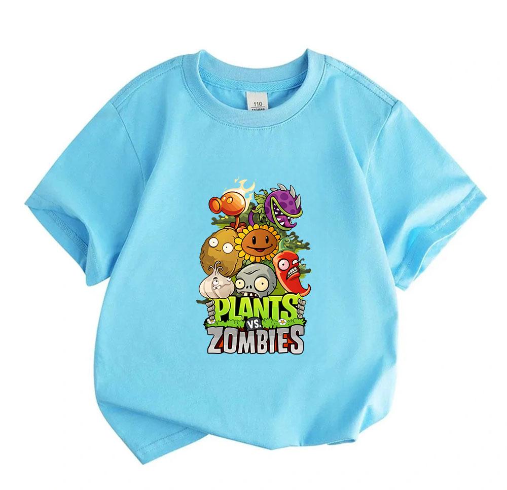 Kids Boys Girls 100% Cotton Crew Neck Short Sleeve T-Shirt, Cute Plants vs Zombies Cartoon Printed Casual Soft Breathable Summer Tee for Daily Wear