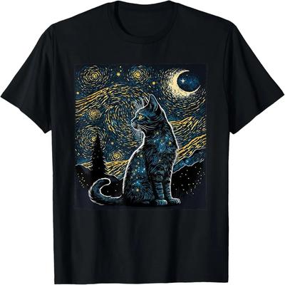 Звездная ночь Кот Ван Гог Подарки для любителей кошек Мама кошка, Папа кошка Футболка