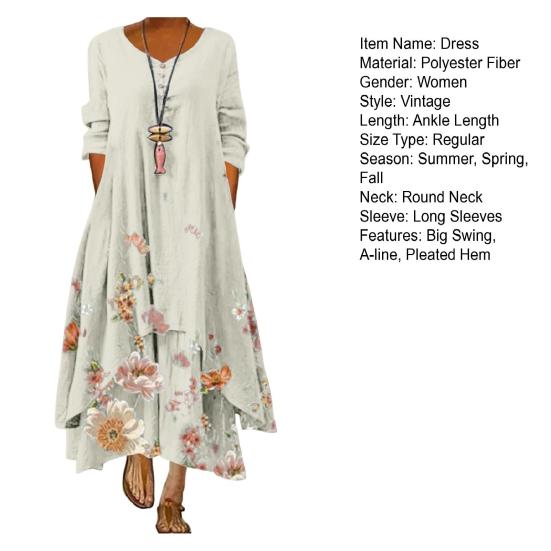Spring Fall Dress with Pockets Vintage Flower Printing Irregular Layerd Hem Loose A-line Maxi Dress for Daily Work Party