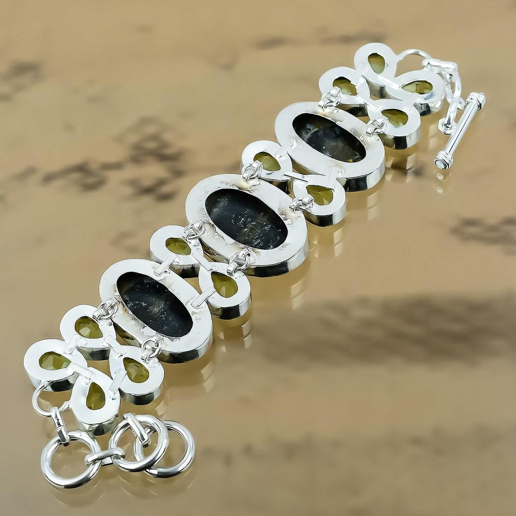 Пасхальная распродажа Браслет-цепочка из стерлингового серебра 925 пробы с камнем шмелиная яшма и перидотом