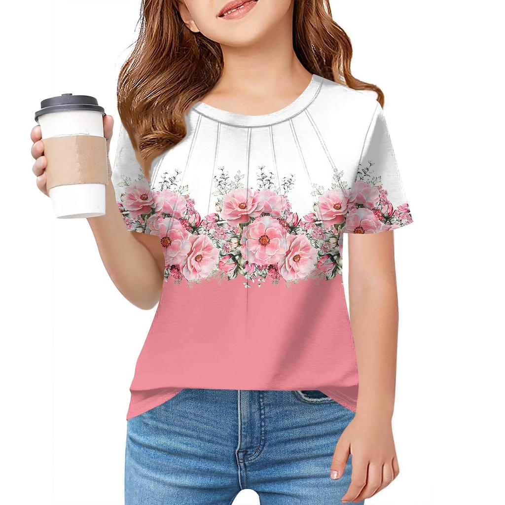 Детская футболка Fold A для девочек, летняя модная куртка с круглым воротником и цветочным принтом с короткими рукавами