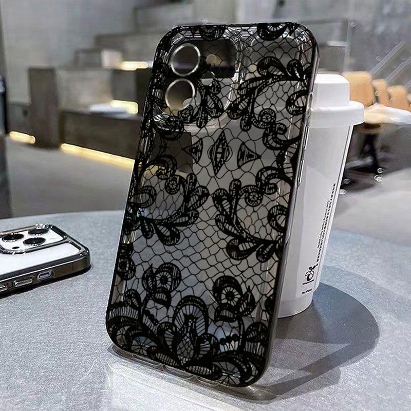 Модный Черный Чехол Для Телефона С Цветочным Узором Из Кружева Для iPhone 17 16 15 14 Pro 17 Air 13 12 11 Max Mini 7 8 Plus XR XS Мягкий Прозрачный Чехол