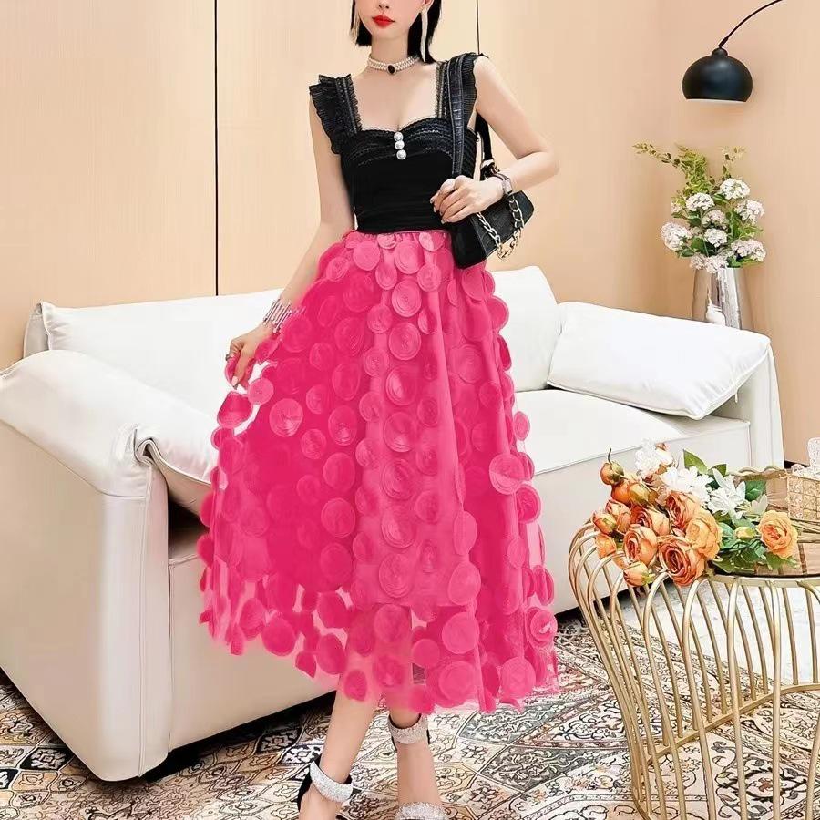 Women's European-Style Black Midi Skirt - 2025 High-End Mesh A-Line Umbrella Design