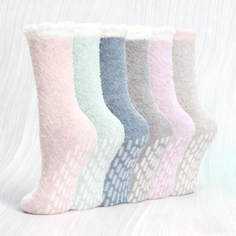 6 Pairs Women's Non-Slip Thermal Fleece Socks Winter Thick Floor Socks Solid Color Mix Soft Polyester One Size Color As Same As The Picture
