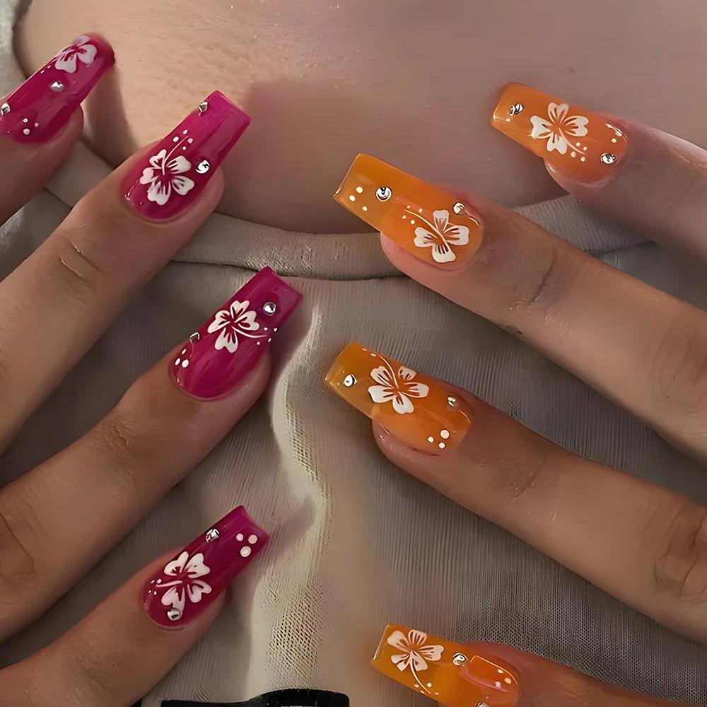 24Pcs Pink Flower Square Fake Nails With Glue Cute White Artificial Press On Acrylic Nails Wearable False Nails