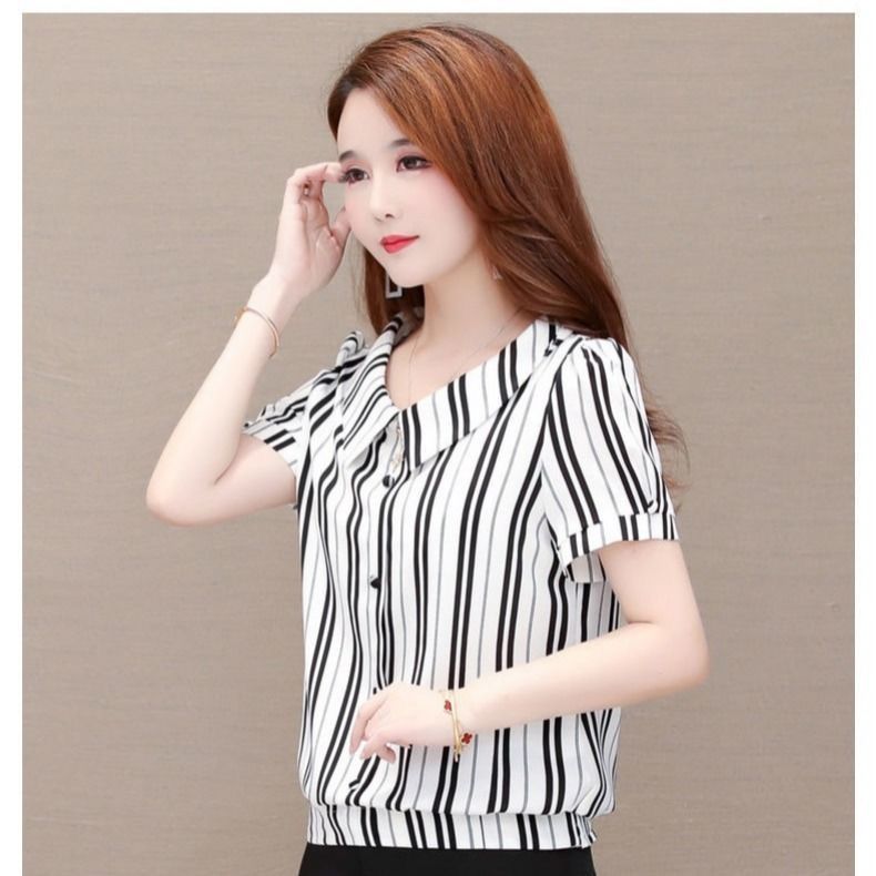 Корейская версия, полосатая рубашка с короткими рукавами, короткая блузка с кукольным вырезом, новый летний топ M-3XL