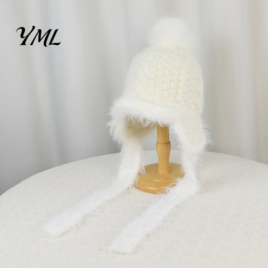 Outdoor Cycling Winter Hat Women Knitted Earflap Hat, Fuzzy Trim Pompom Soft Warm Small Face Effect Knit for Cycling, Cold Weather Daily Wear