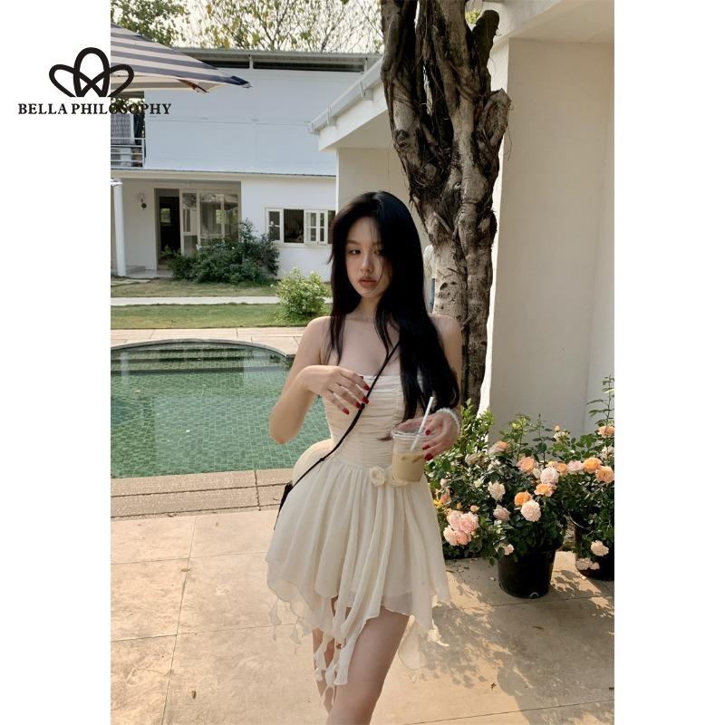 Summer Korean Style Design Sense Strapless Dress Women's Waist Flower Slimming A- Shaped Irregular Hem Short Dress