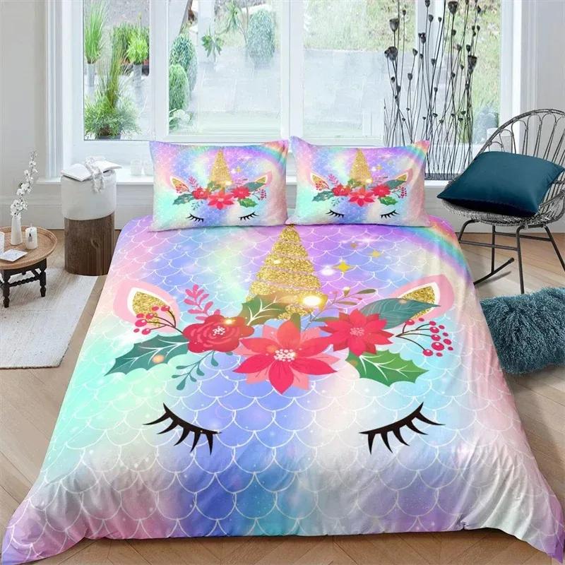 Cartoon Unicorn Duvet Cover Twin King Smiling Eyelash Rainbow Bedding Set For Kids Girls Microfiber Magical Animal Quilt Cover