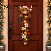 Traditional Red Green Holiday Ornament Lighted Highland Cow Christmas Door Swag, LED Hanging Decor with Plaid Ribbon Vertical Wreath And Berries,
