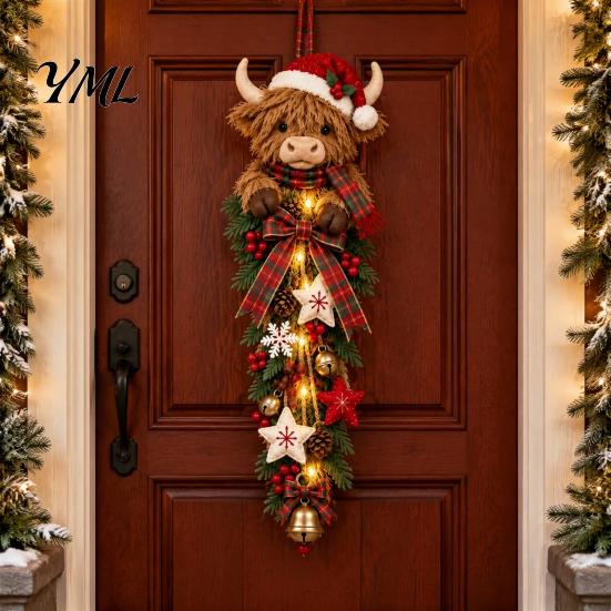 Traditional Red Green Holiday Ornament Lighted Highland Cow Christmas Door Swag, LED Hanging Decor with Plaid Ribbon Vertical Wreath And Berries,