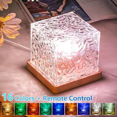 Ночной светильник Water Ripple Cube с вращающейся водяной волной, пульт дистанционного управления, 16 цветов, светодиодная настольная лампа с кристаллами для прикроватной тумбочки