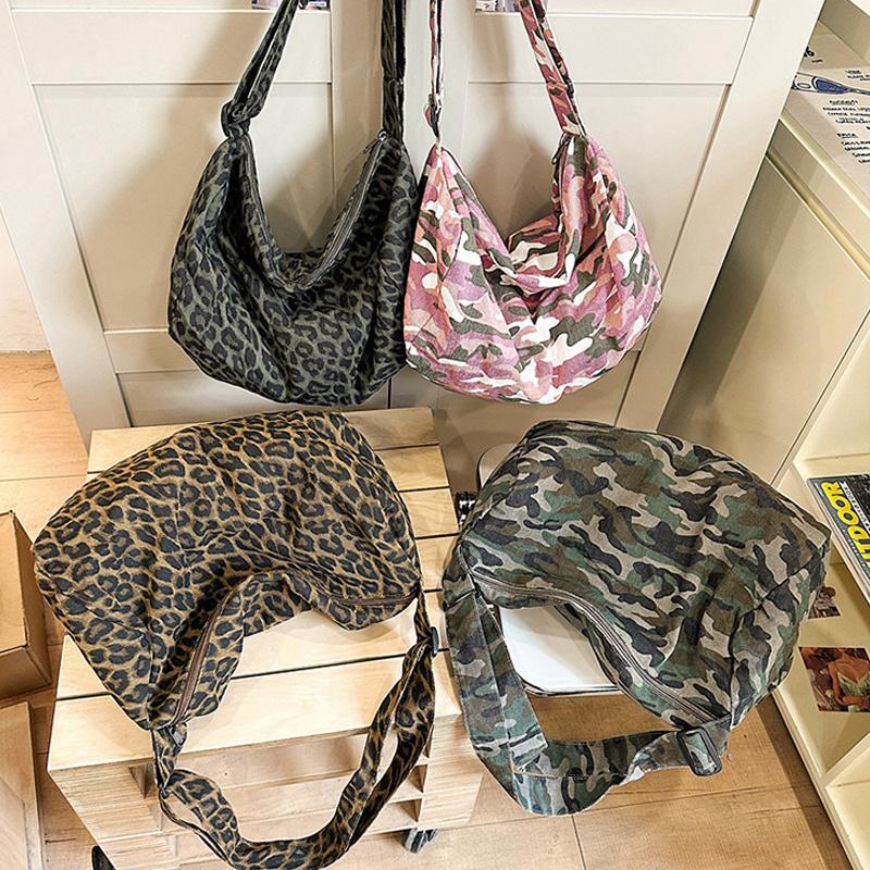 New Women's Bag Leopard Print Canvas Crossbody Bag Y2K Trendy Travel Shoulder Bags Tote Bag Female Student Handbags CLE