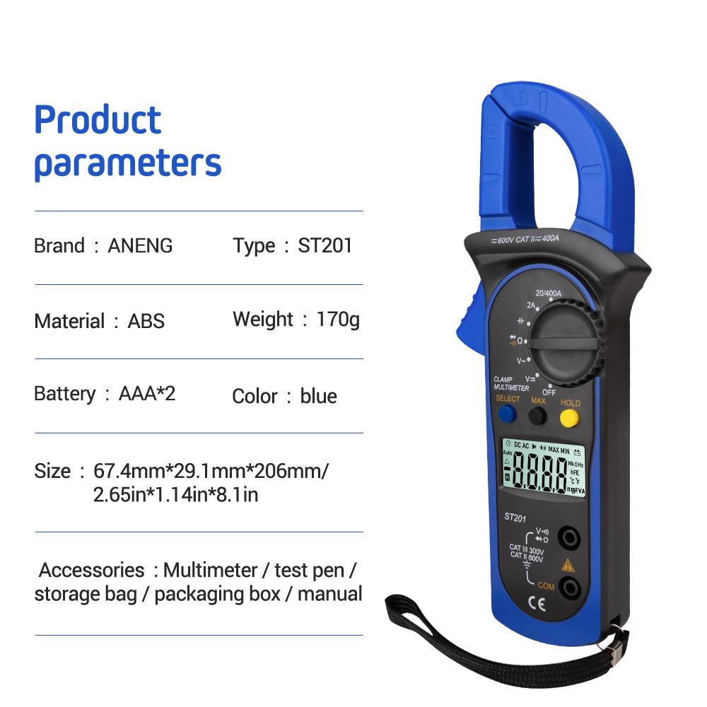 ST201 Digital Clamp Multimeter 4000 Counts Clamp Ammeters Transistor Capacitor Tester Power Test Automotive AC Celsius Voltage Current Tester