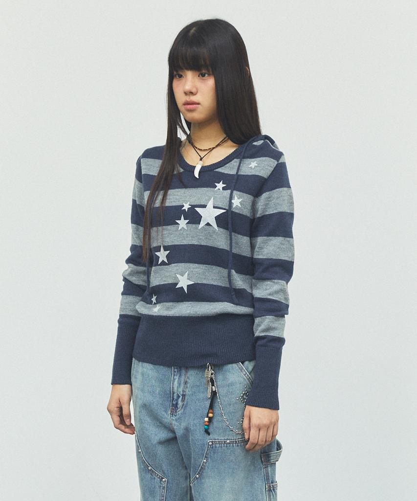 CAVISH W U Neck Striped Star Knit Hoodie Navy(Cv2Fffk601A)