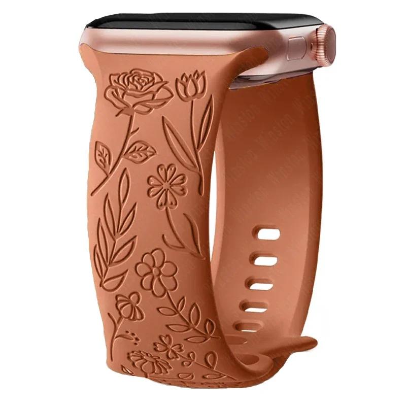 Ремешок с гравировкой и цветочным узором для Apple Watch Band Ultra 2 49/ 46/ 45/ 44/ 40/ 42 мм, браслет IWatch Series 10 9 8 7 6 SE 5 4