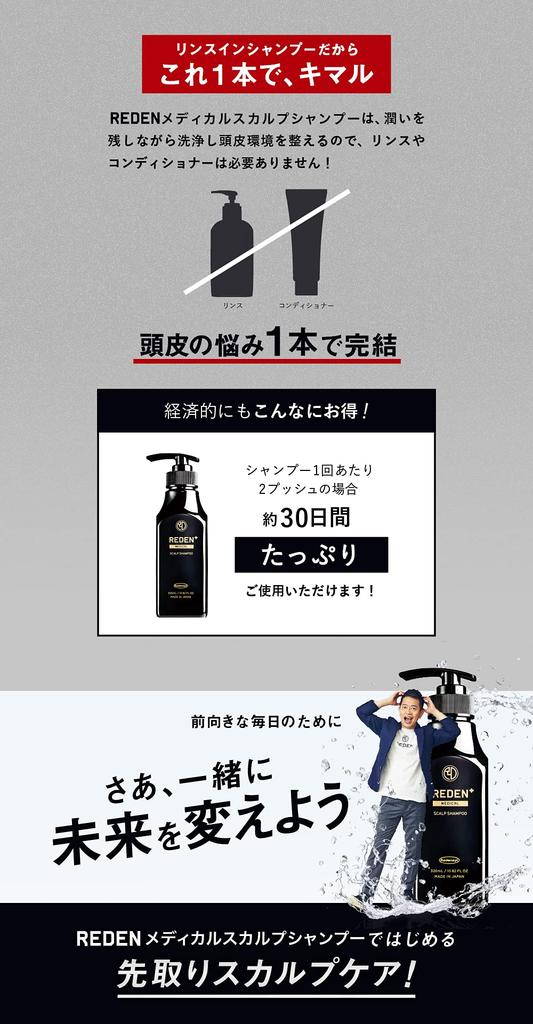 REDEN Medical Shampoo Set of Developed by a Hair Tonic Redensyl Medicated Shampoo 2, Manufacturer, Contains, Quasi-drug, Scalp, Non-Silicone, Men's