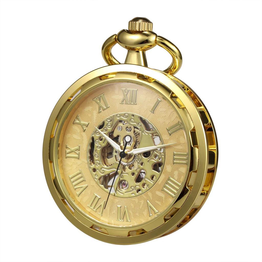 TREEWETO Antique Mechanical Skeleton Pocket Watch with Chain Hand-wound Men's (Gold)
