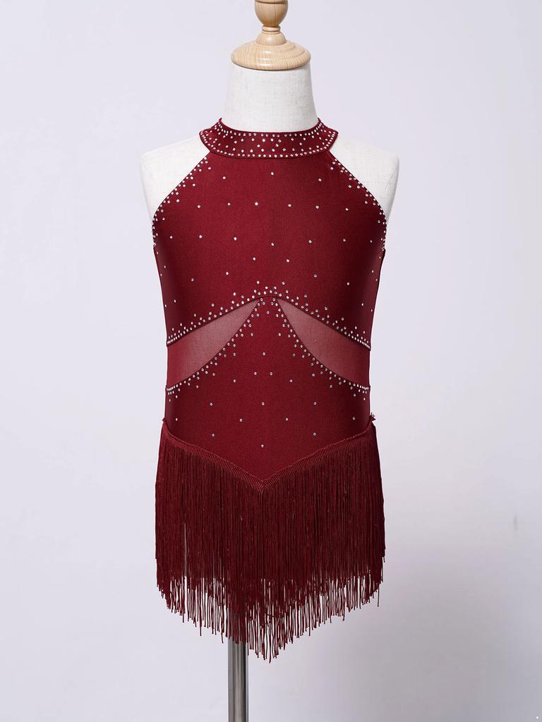 Детское трико для латинских танцев для девочек, костюм для фигурного катания, танго, ча-ча, без рукавов, сетчатое боди с кисточками и стразами