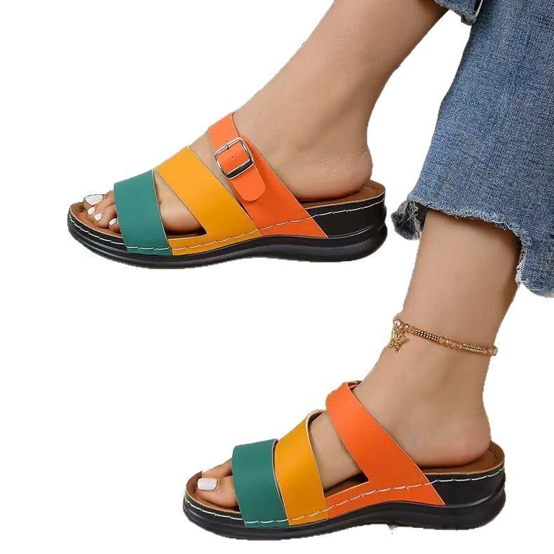 New Wide Width Wedge Sandals for Women Chunky Slide Slippers with Buckle Strap, Fashion Peep-Toe Summer Flip Flops