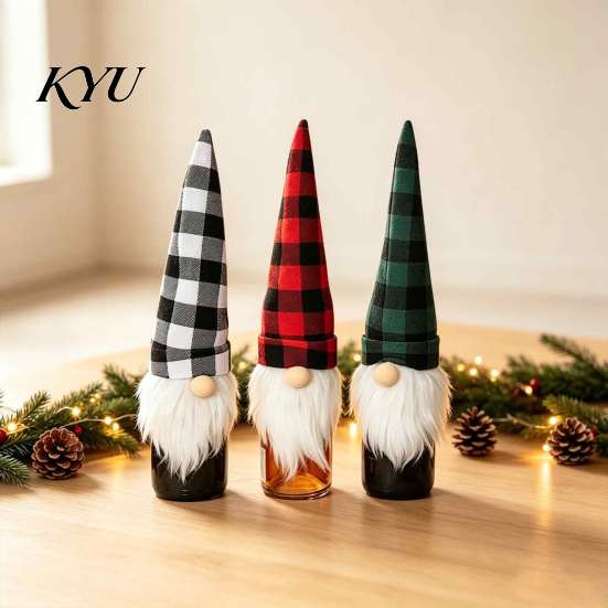 Holiday Home Gift Presentation Christmas Wine Bottle Cover, Fluffy Artificial Beards Decor, Plaid Gnome Seasonal Accessories Toppers for Table