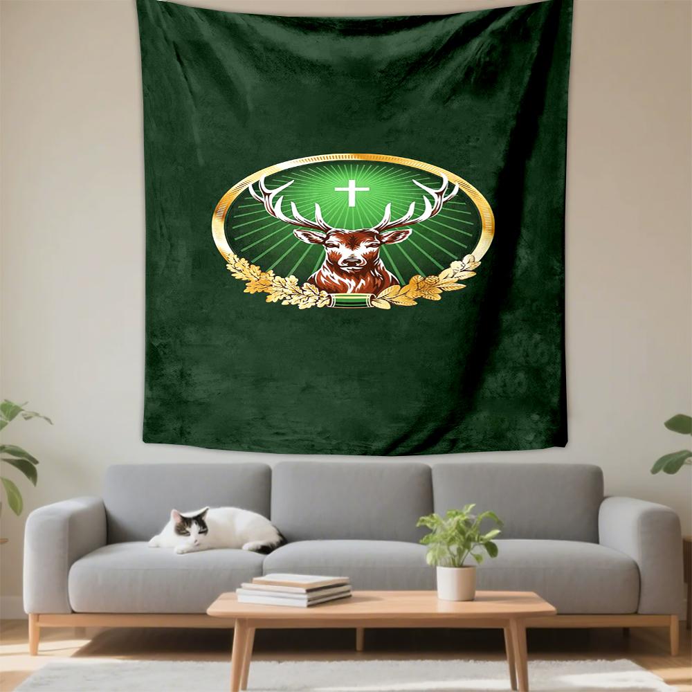 Wall Hanging Tapestry - Saint Hubert Deer Cross Gold Green Crest Religious Art Home for Dorm Room