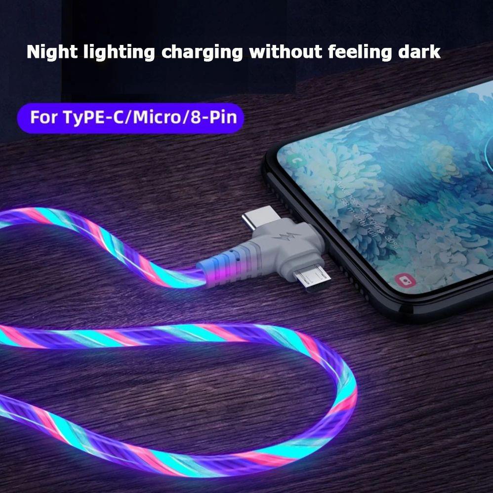 Светящийся USB-кабель 3-в-1, светодиодный кабель для зарядки смартфона, кабель USB-mini USB/C-type/8-pin для быстрой зарядки iPhone, Samsung, XIAOMI ONEPLUS
