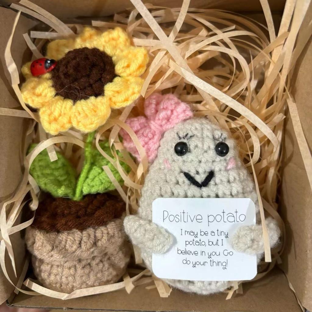 2Pcs Positive Energy Cucumber with Sunflower Pot Kit Home Room Decor Funny Handmade Knitted Potatoes Wool Doll Christmas Gifts