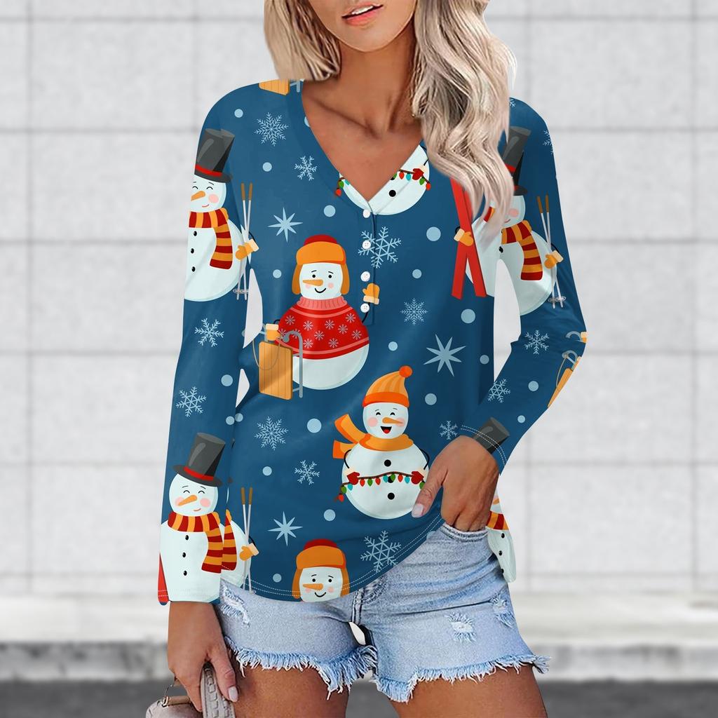 Женская повседневная мода сексуальный комфорт рождественские принты V-образный вырез пуговицы длинный рукав футболка топ