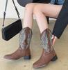 Модные ковбойские сапоги в стиле ретро коричневого цвета для женщин на толстом каблуке, обувь 2024 года, осень/зима, ретро, вышитые квадратные сапоги до середины икры