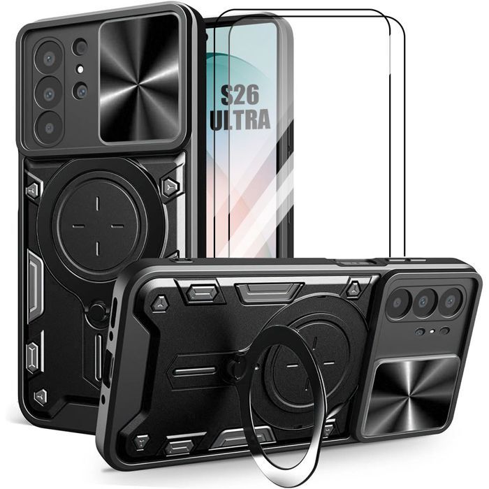 Coque + 2 Verres Trempés pour Samsung Galaxy S26 Ultra, Rigide avec Anneau et Cache Caméra - Noir