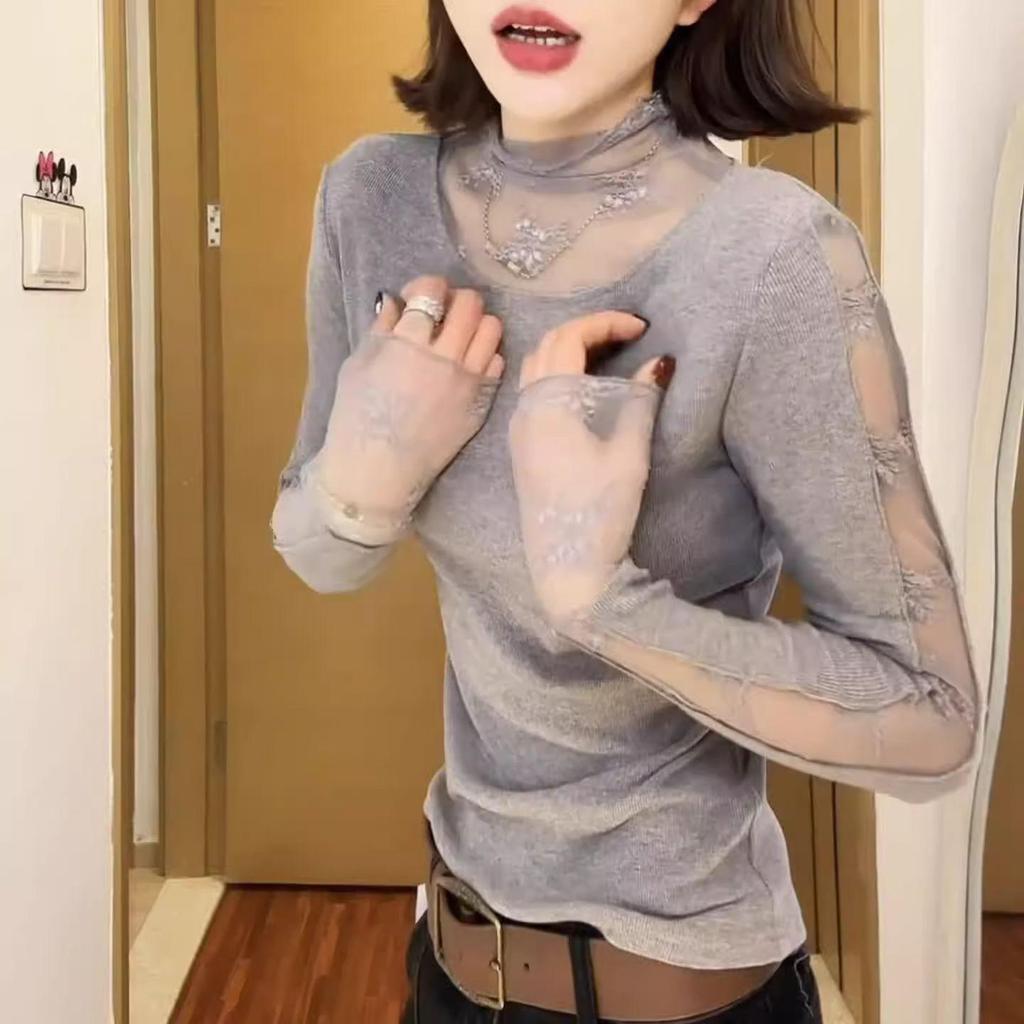 Women's Gray Lace Patchwork High Neck Long Sleeve T-shirt – Stylish Winter 2026 Base Layer