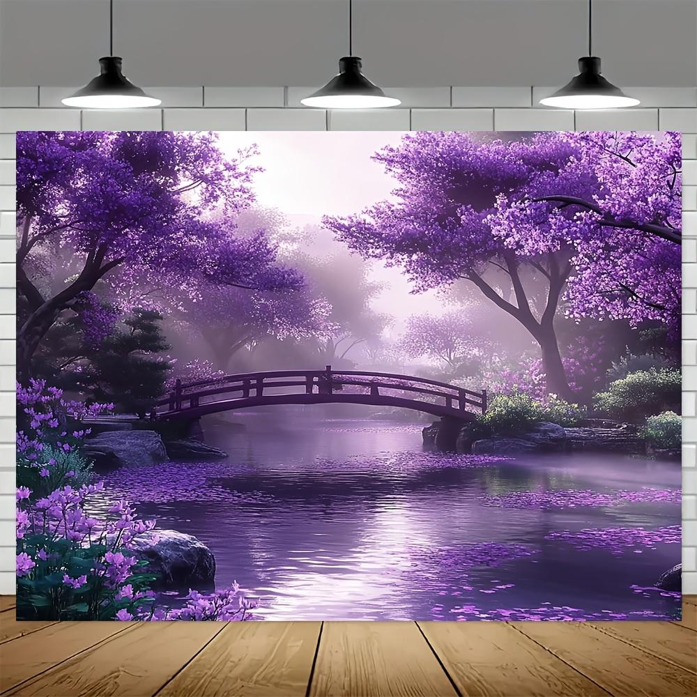 One polyester backdrop for a spring garden scene, with blooming purple flowers