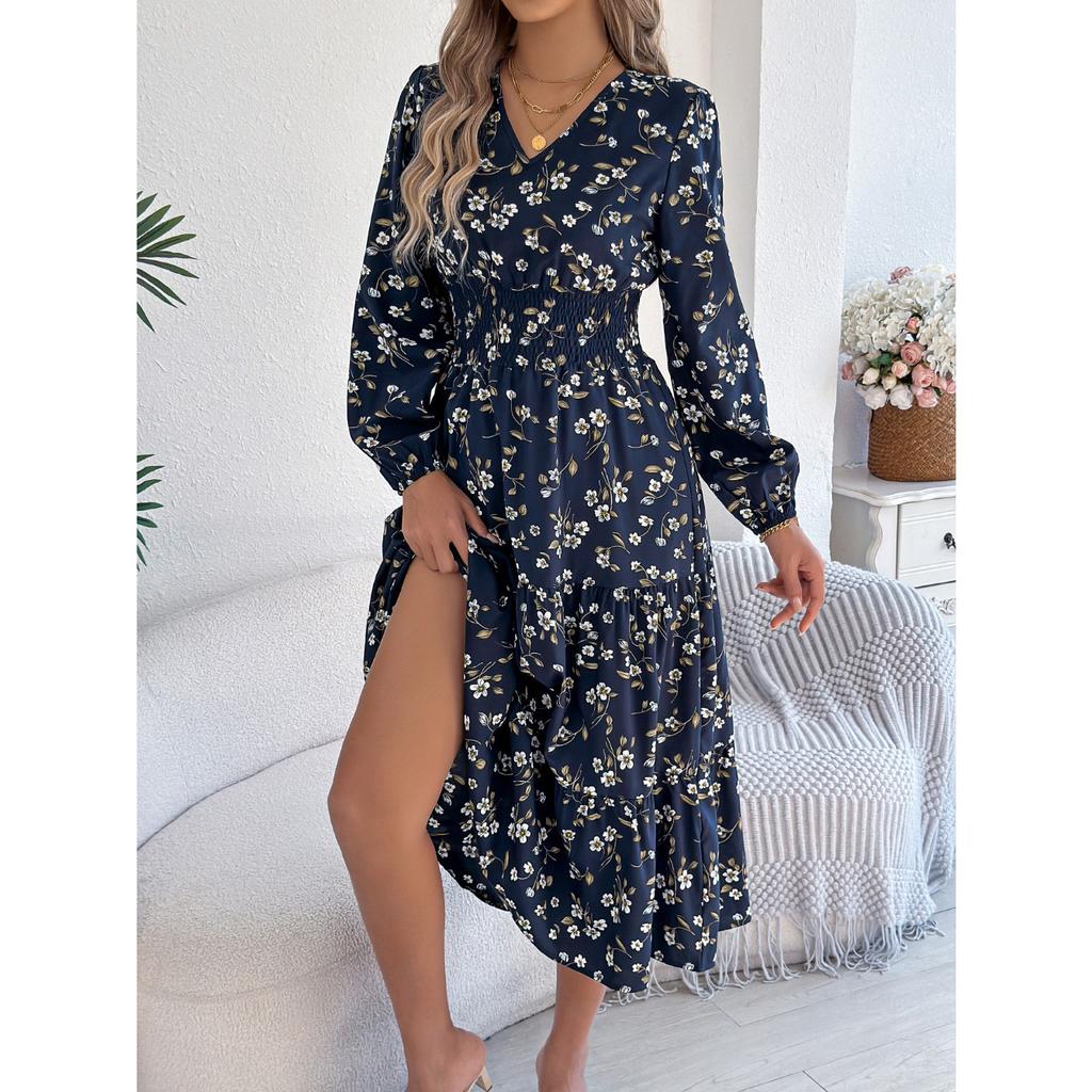 QICED Элегантный V-образный вырез, Длинные рукава, Приталенный силуэт, Юбка А-силуэта с оборками Женская одежда для осени и зимы