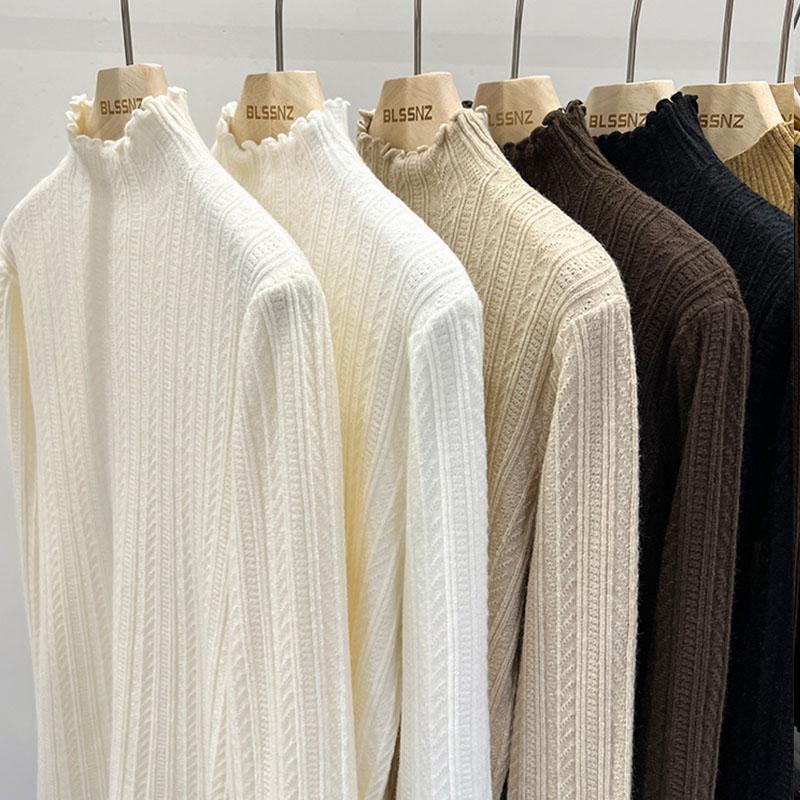 Autumn and Winter Women's Bottoming Shirt Knit Sweater Wooden Ear Edge Soft Half-high Neck Bottoming Shirt Long Sleeve Tops