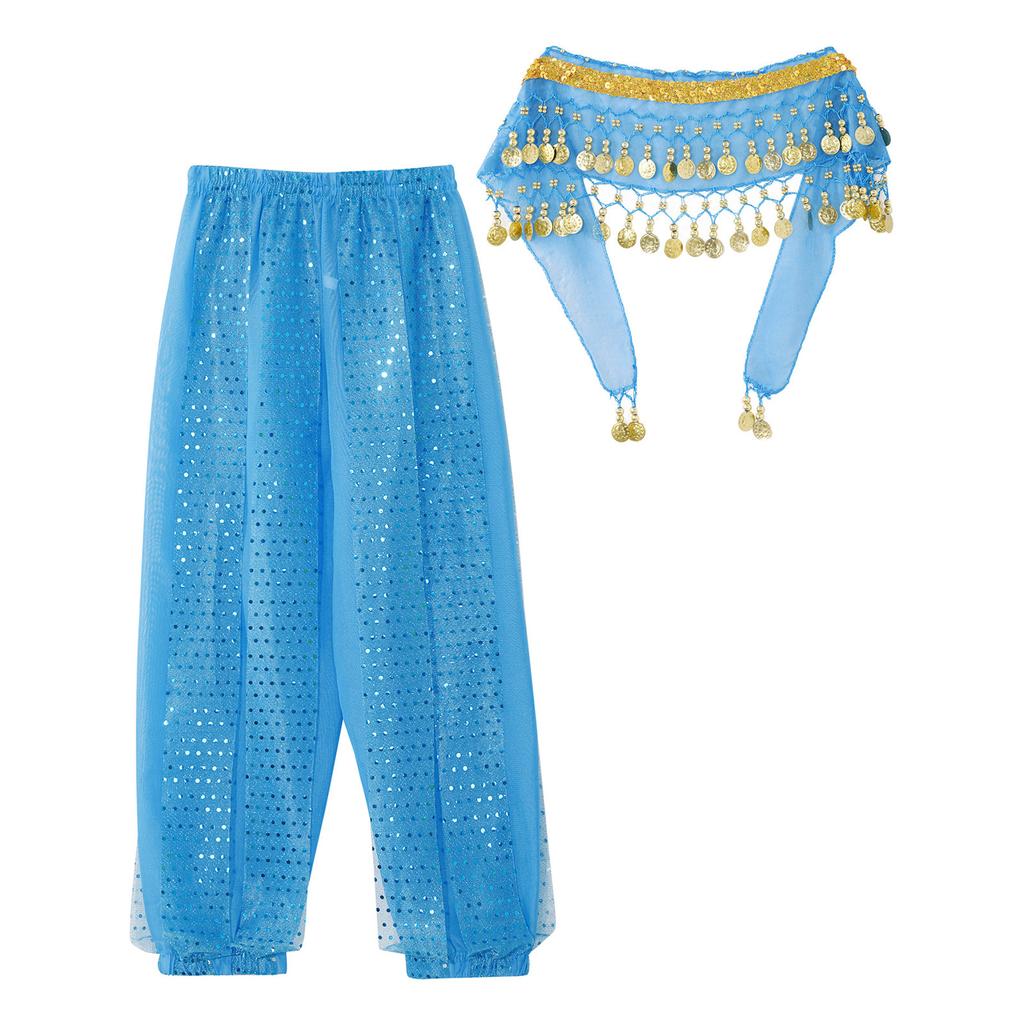Этнические танцевальные брюки для девочек, дизайн с пайетками-точками, шифоновая ткань, эластичная талия, шаровары, брюки для выступлений