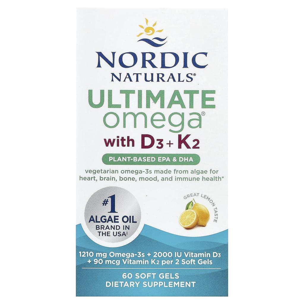 Nordic Naturals Ultimate Omega®, Plant-Based, with D3 + K2, Lemon, 60 Softgels